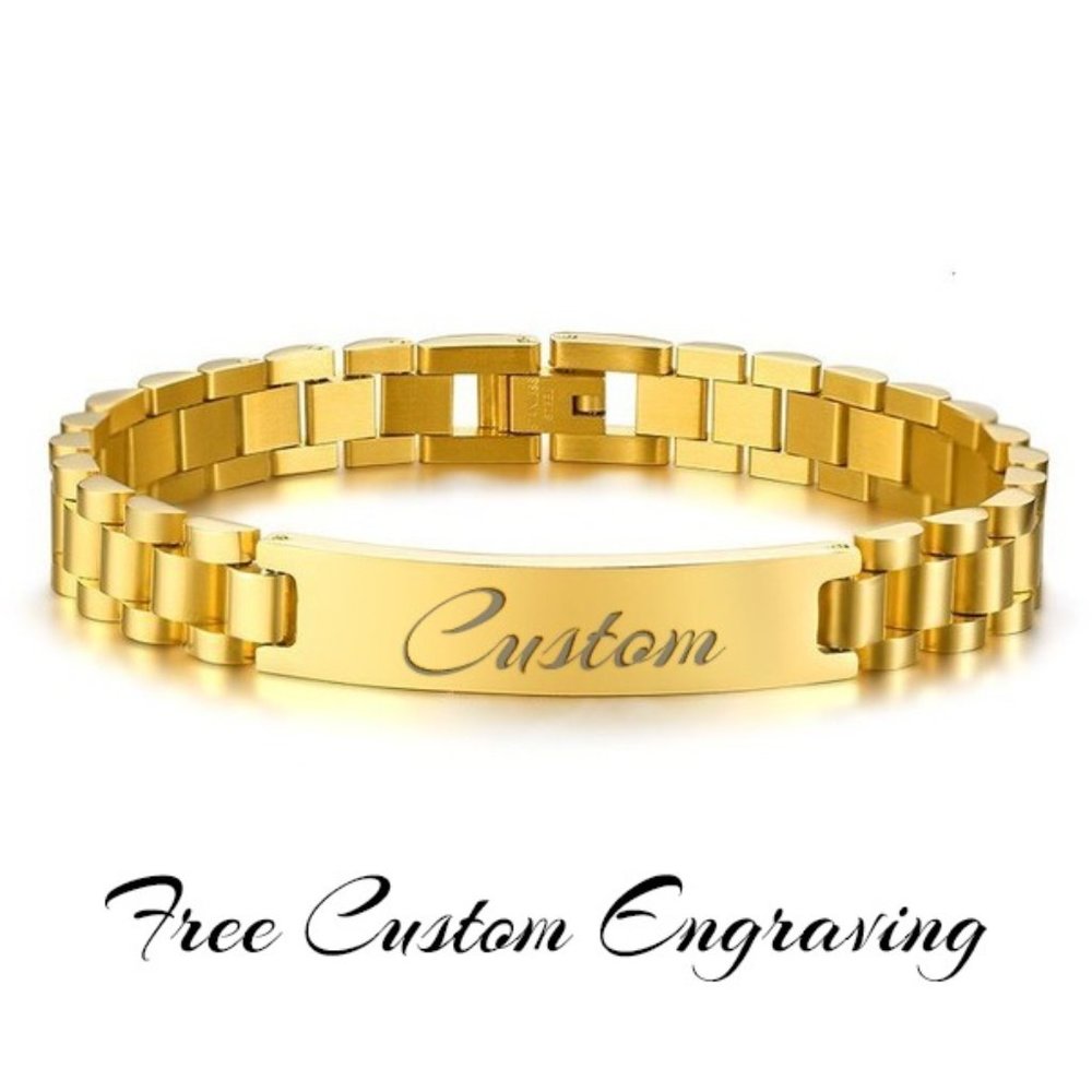 Mens gold plated high polished stainless steel custom bracelet.